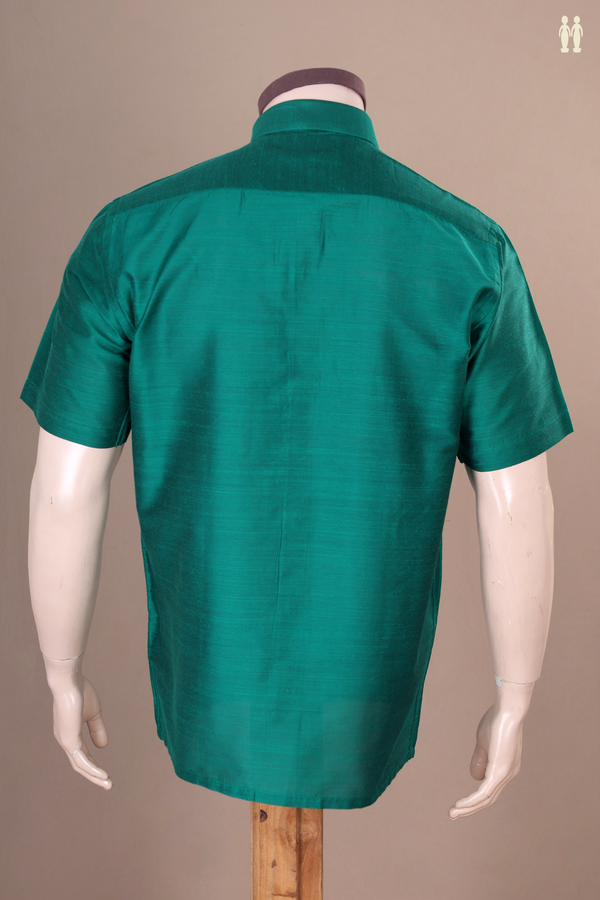 Regular Collar Plain Forest Green Raw Silk Shirt