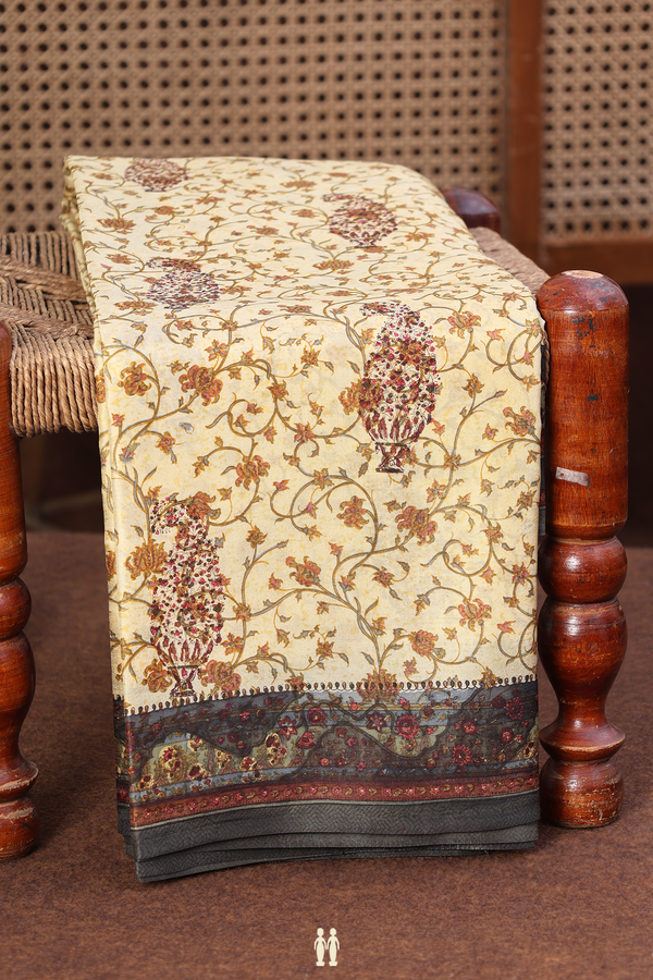 Printed Silk Saree In Yellow With Floral Design