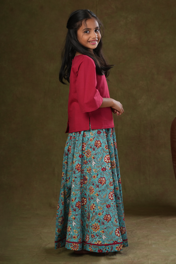 Floral Design Red And Blue Jaipur Cotton Top And Skirt Set