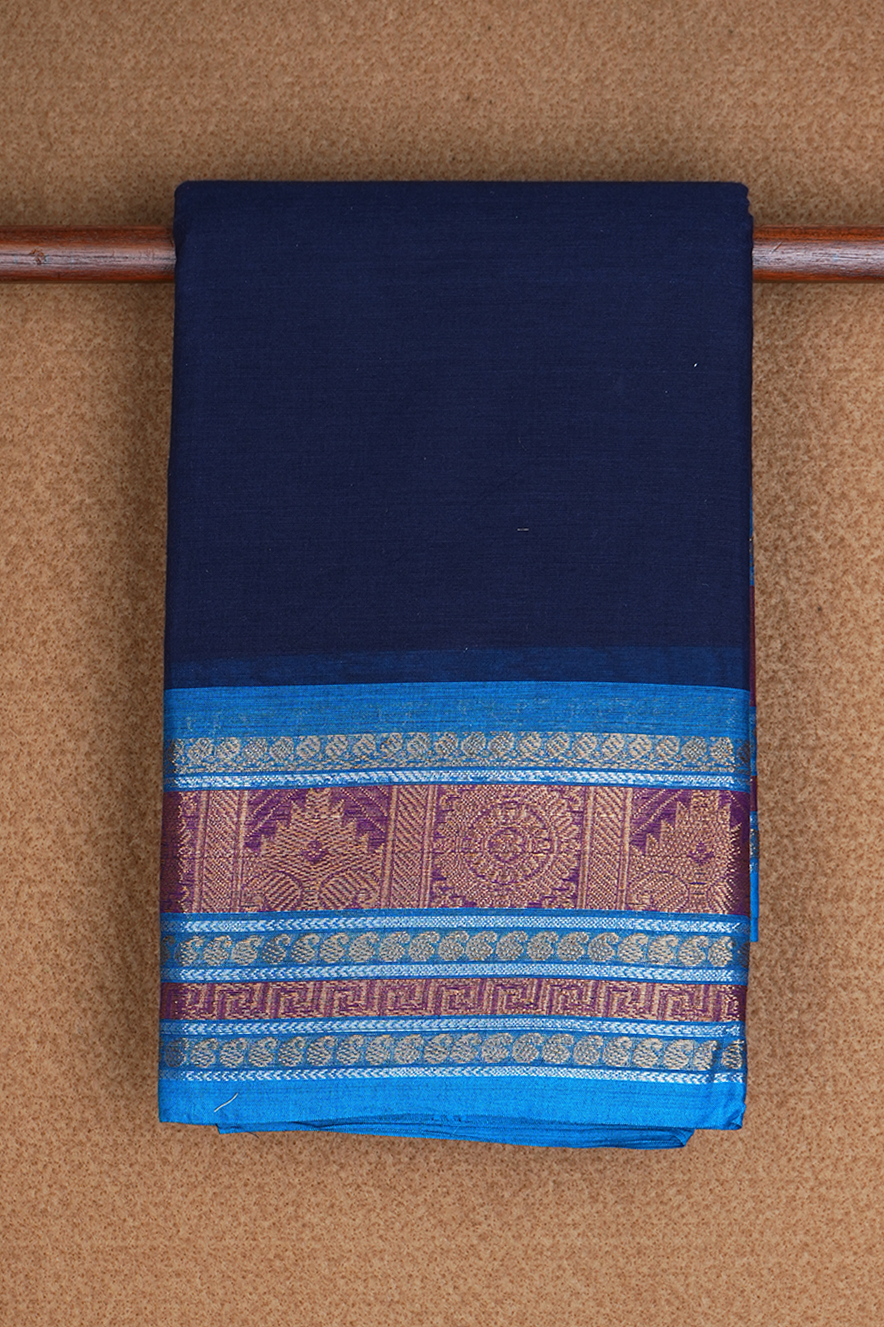 Traditional Border Plain Navy Blue Chettinadu Cotton Saree