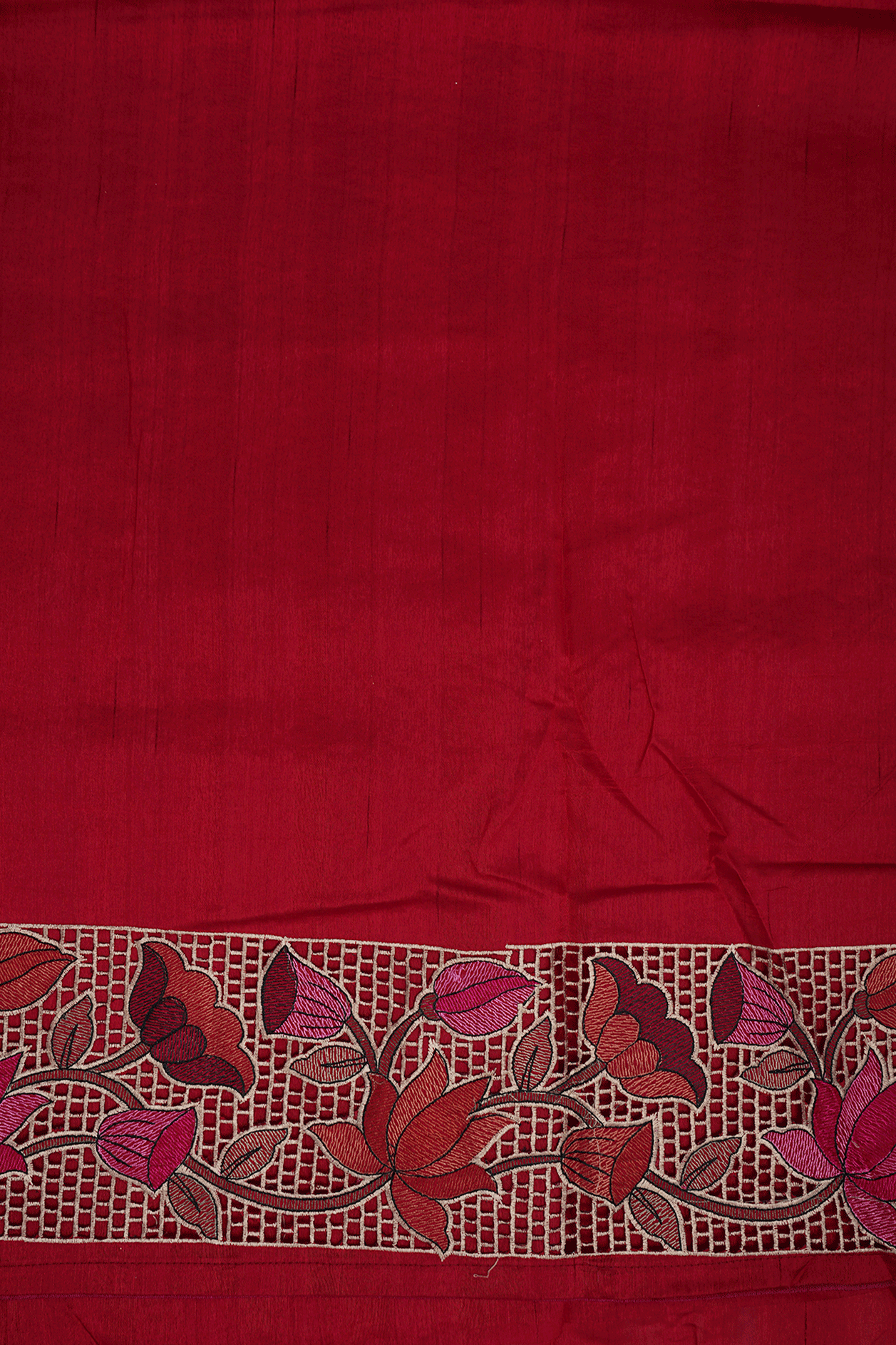 Floral Embroidered Border Scarlet Red Semi Tussar Silk Saree