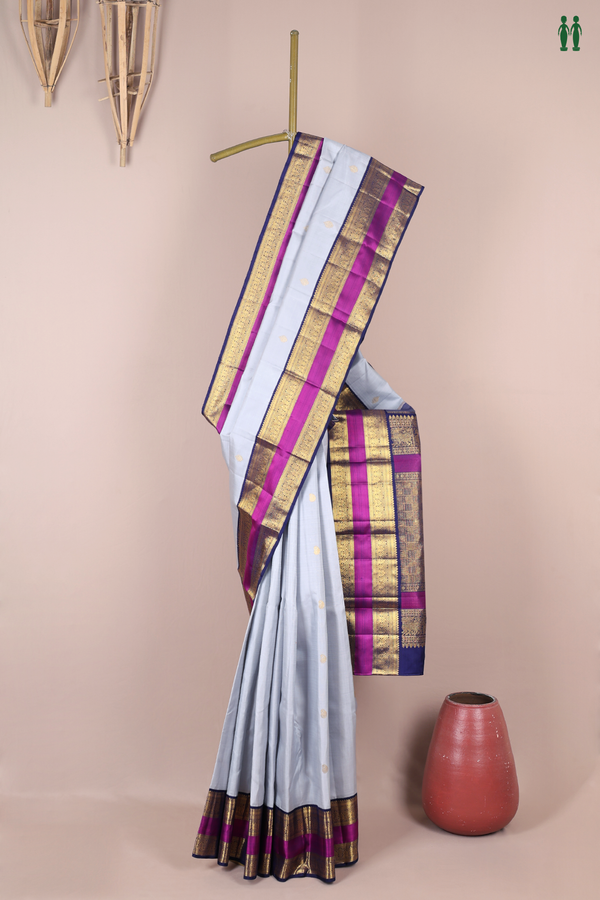 Kanchipuram Silk Saree In Steel Blue With Paisley Buttas