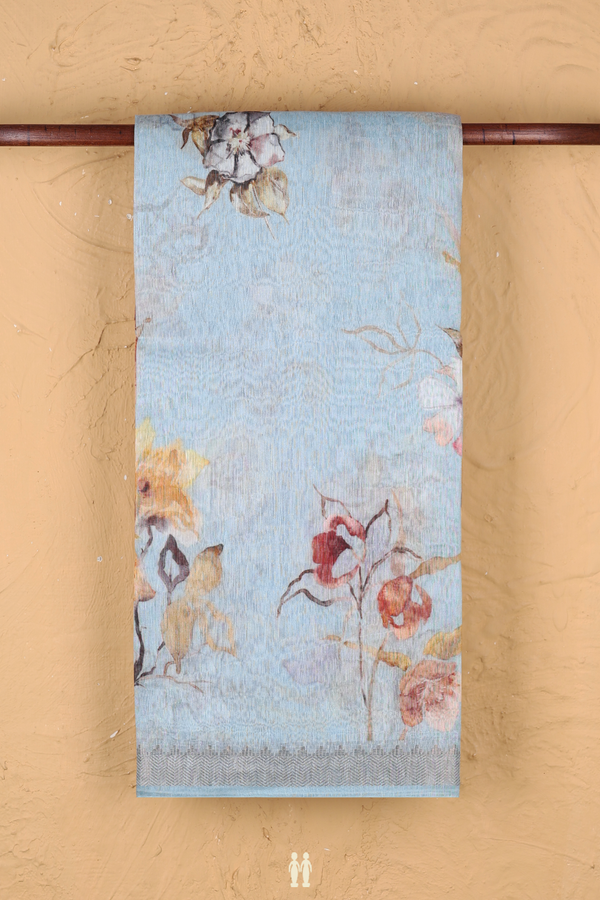 Linen Saree In Sky Blue With Floral Printed Design