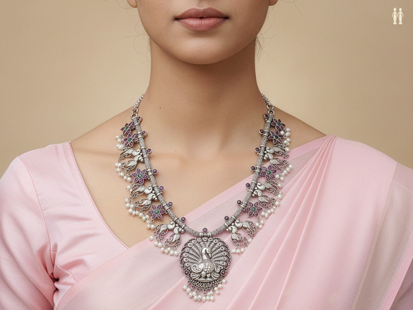 Peacock Design With Beads Oxidized Pure Silver Long Necklace