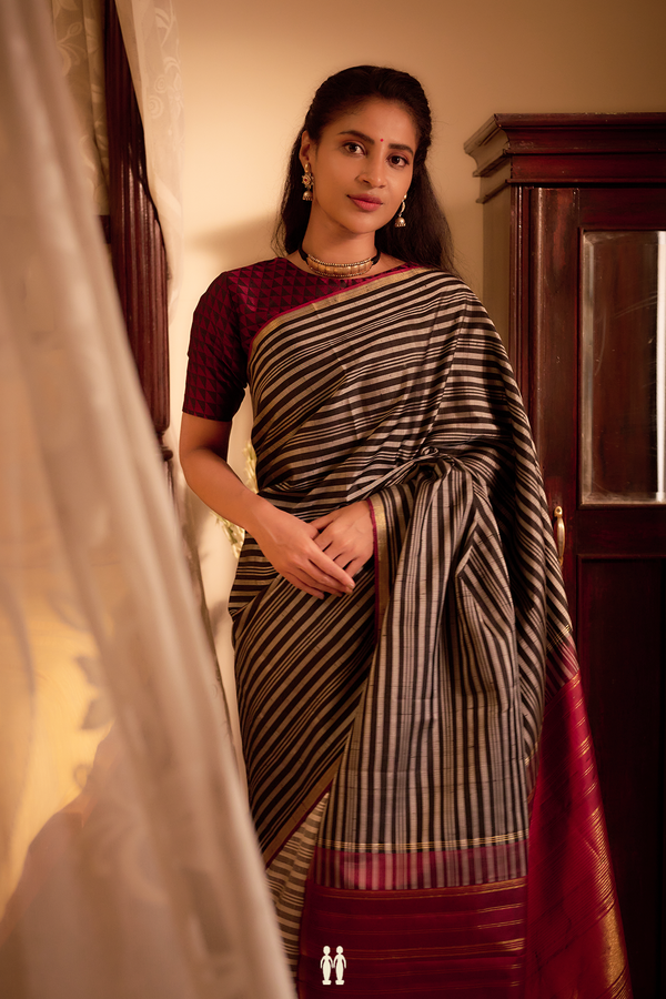 Kanchipuram Silk Saree In Grey And Black With Stripes Design