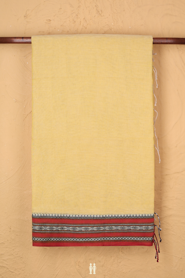 Bengal Cotton Saree In Pastel Yellow With Threadwork Border