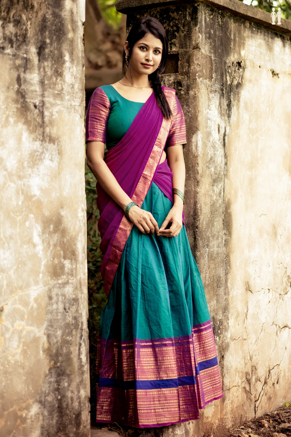 Zari Border Teal Blue Cotton Readymade Half Saree