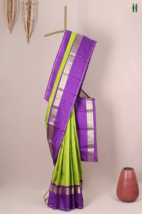 Kanchipuram Silk Saree In Lime Green With Checks Design