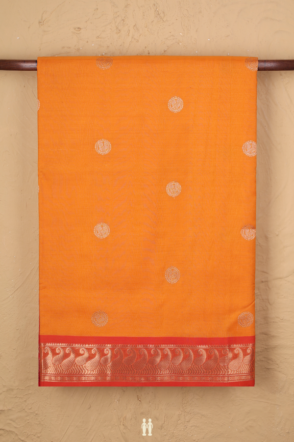 Nine Yards Silk Cotton Saree In Orange With Chakram Buttas