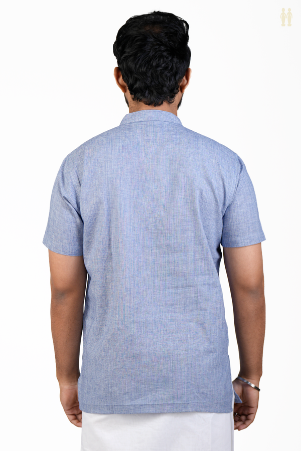 Chinese Collar Plain Blue Cotton Short Kurta