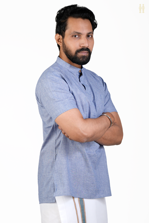 Chinese Collar Plain Blue Cotton Short Kurta
