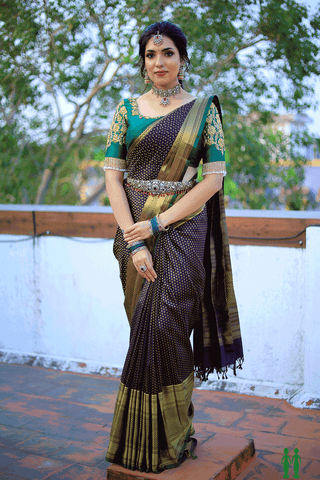 Allover Zari Buttis Deep Plum Brown Kanchipuram Silk Saree