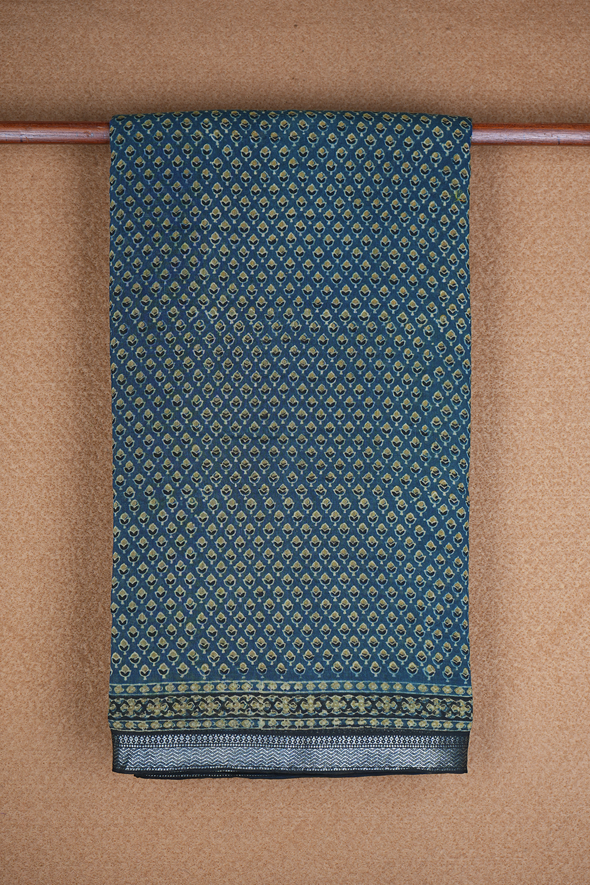 Floral Printed Prussian Blue Chanderi Cotton Saree