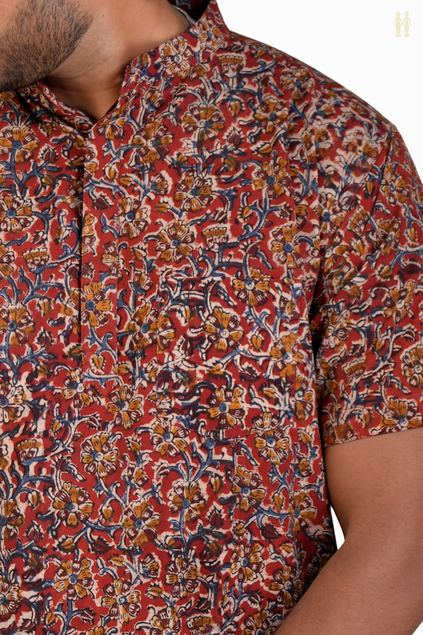 Chinese Collar Floral Design Red Cotton Short Kurta