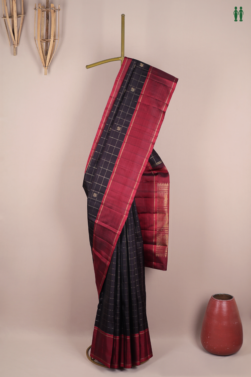 Kanchipuram Silk Saree In Black With Checks Design