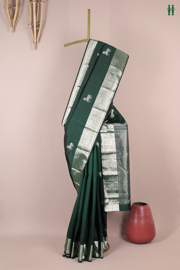 Kanchipuram Silk Saree In Forest Green With Horse Motifs