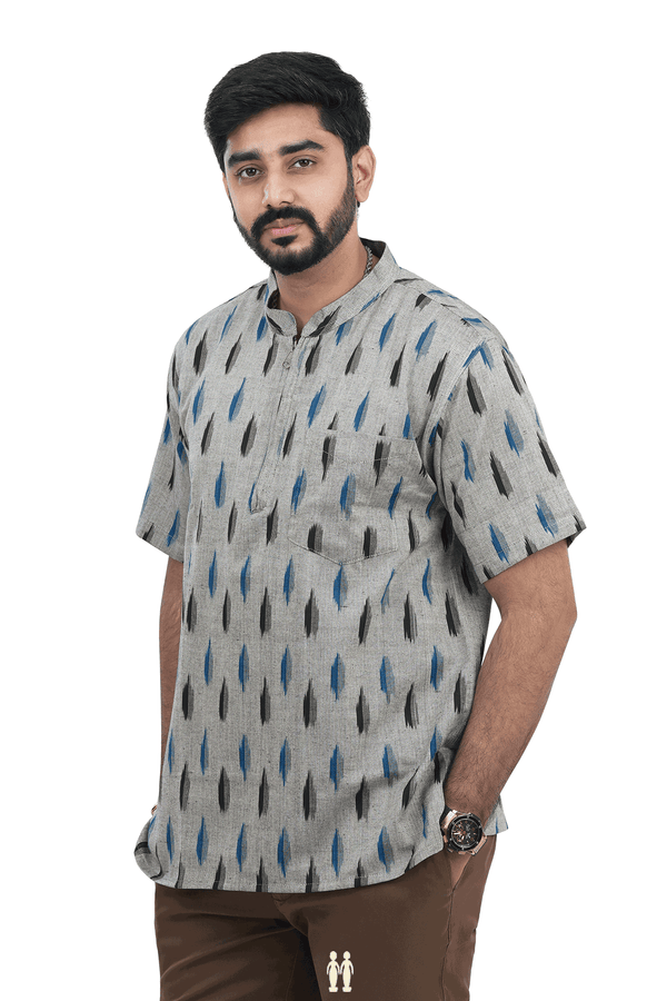Chinese Collar Ikat Design Grey Cotton Short Kurta