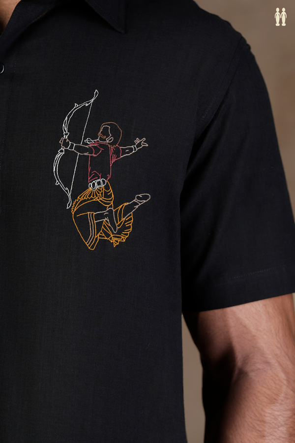 Regular Collar Embroidered Design Black Cotton Shirt