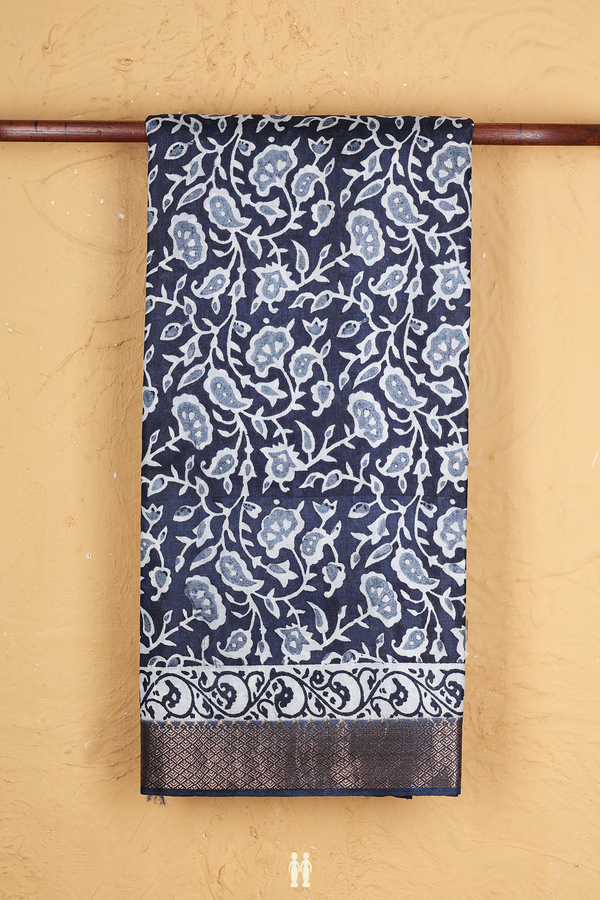 Tussar Silk Saree In Charcoal Grey With Printed Design