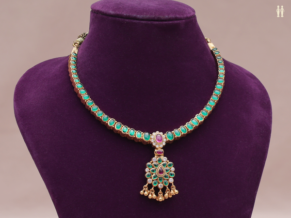 Pink And Green Stone Gold Plated Double Side Silver Necklace