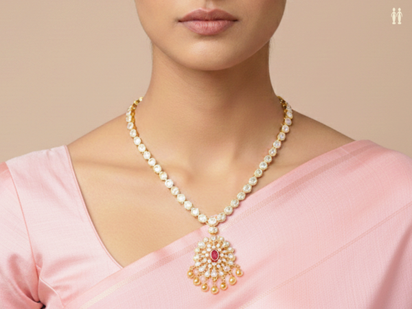 Pink And Crystal Stone With Gold Plated Silver Necklace