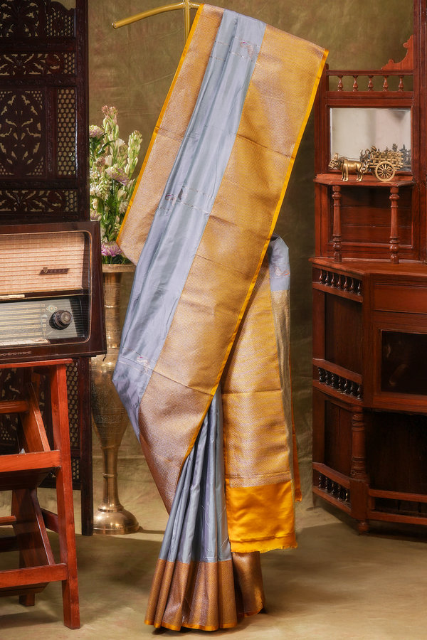 Banarasi Silk Saree In Steel Grey With Stripes Design