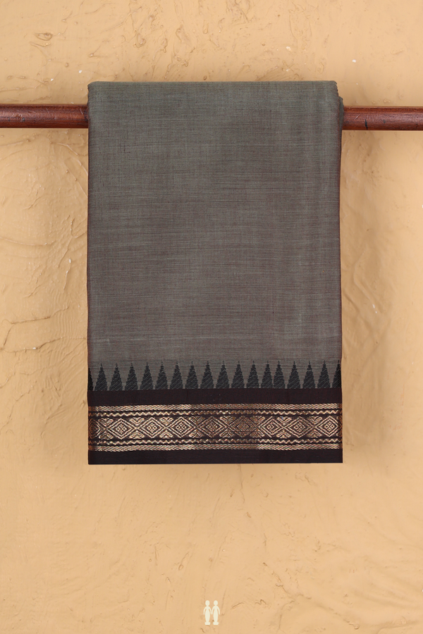 Chettinadu Cotton Saree Greenish Grey With Contrast Border