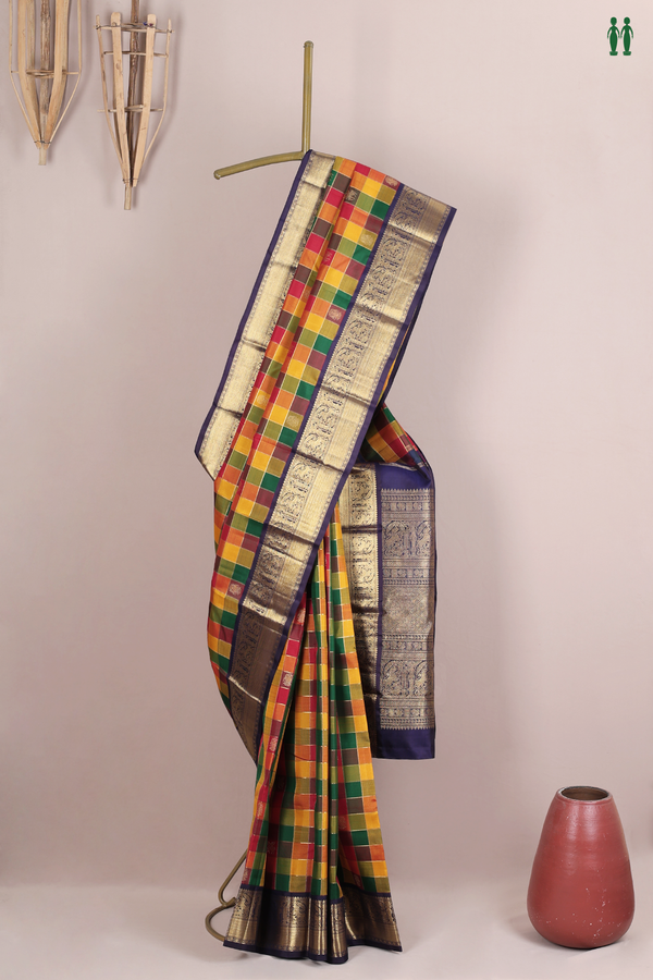 Kanchipuram Silk Saree In Multicolor With Checks Design