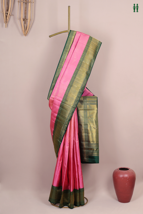 Kanchipuram Silk Saree In Pink With Checks Design