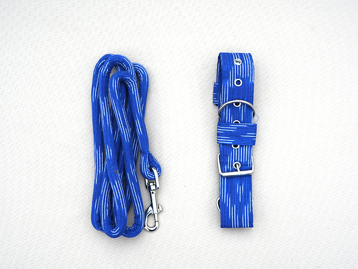 Cobalt Blue Ikat Cotton Dog Collar With Rope Set