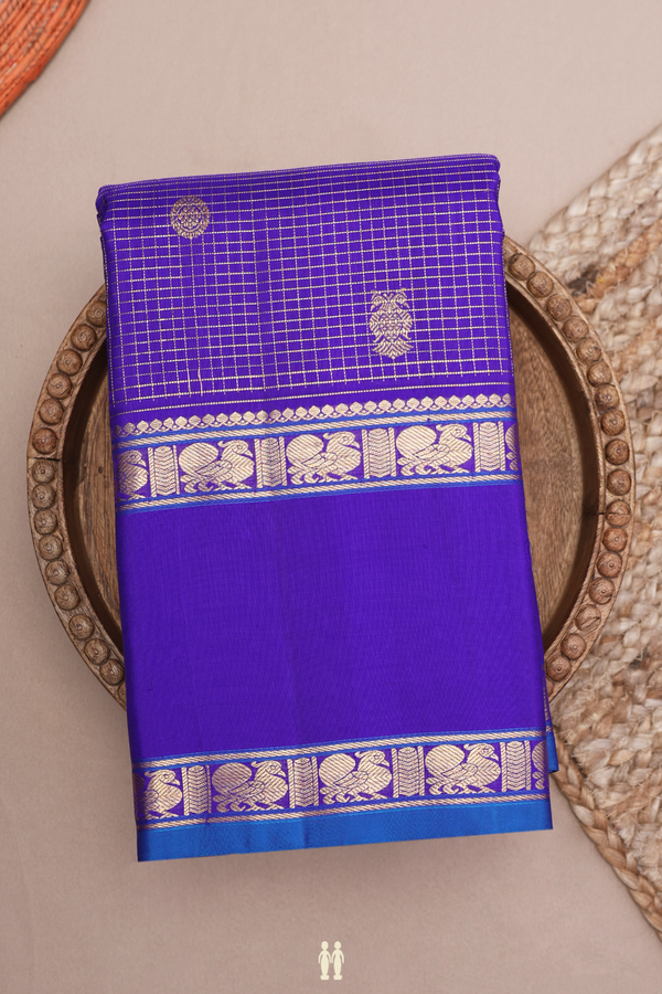 Kanchipuram Silk Saree In Royal Purple With Checks Design
