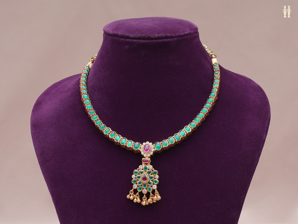 Pink And Green Stone Gold Plated Double Side Silver Necklace