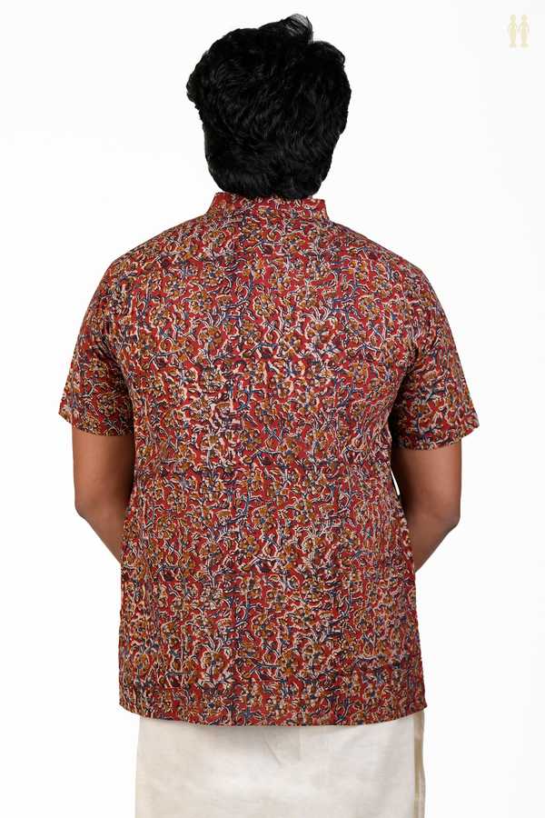 Chinese Collar Floral Design Red Cotton Short Kurta