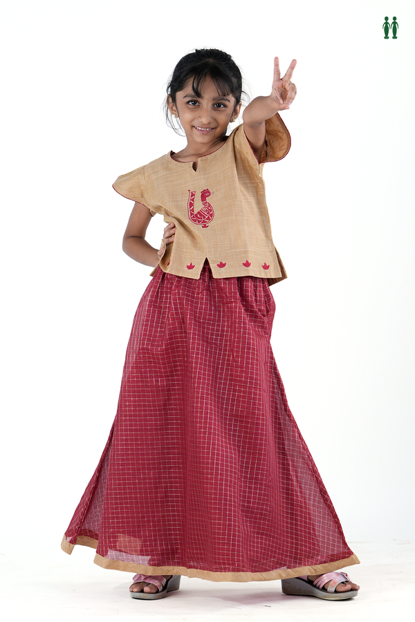 Peacock Design Brown And Red Readymade Pavadai Sattai