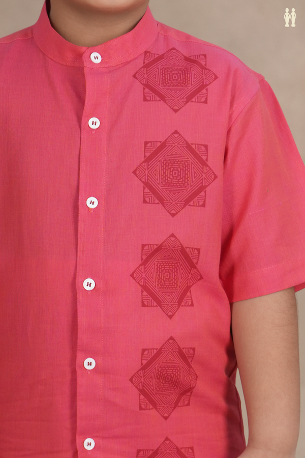 Chinese Collar Diamond Design Pink Cotton Shirt