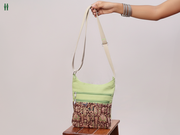 Kalamkari Printed Design Green And Brown Cotton Sling Bag