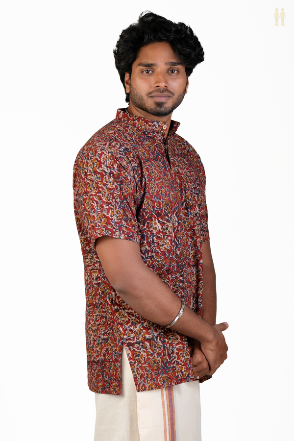 Chinese Collar Floral Design Red Cotton Short Kurta