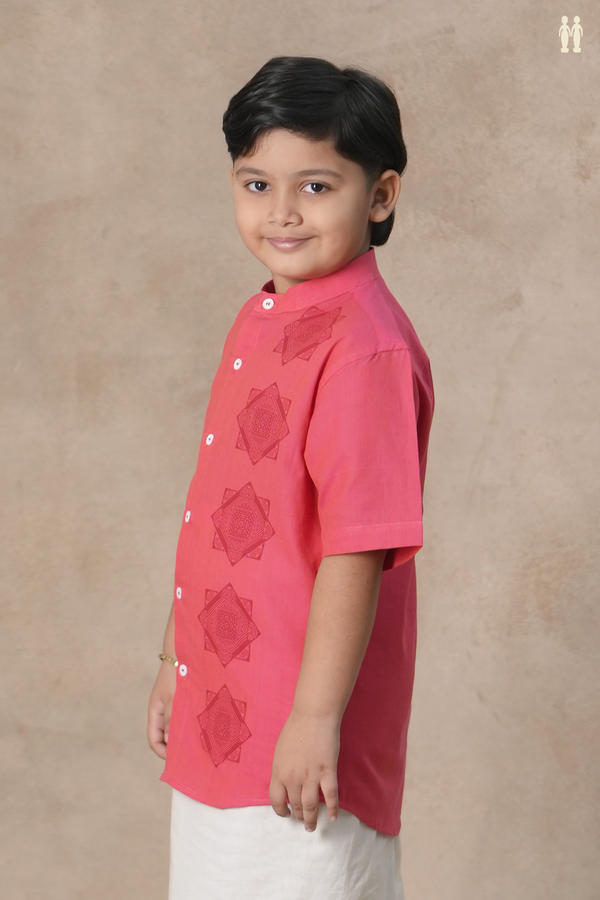 Chinese Collar Diamond Design Pink Cotton Shirt