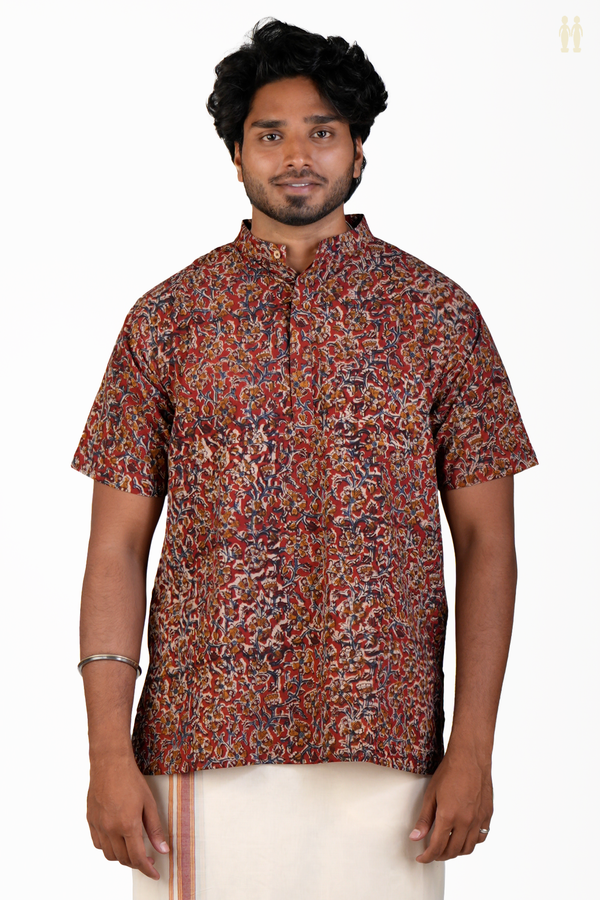 Chinese Collar Floral Design Red Cotton Short Kurta