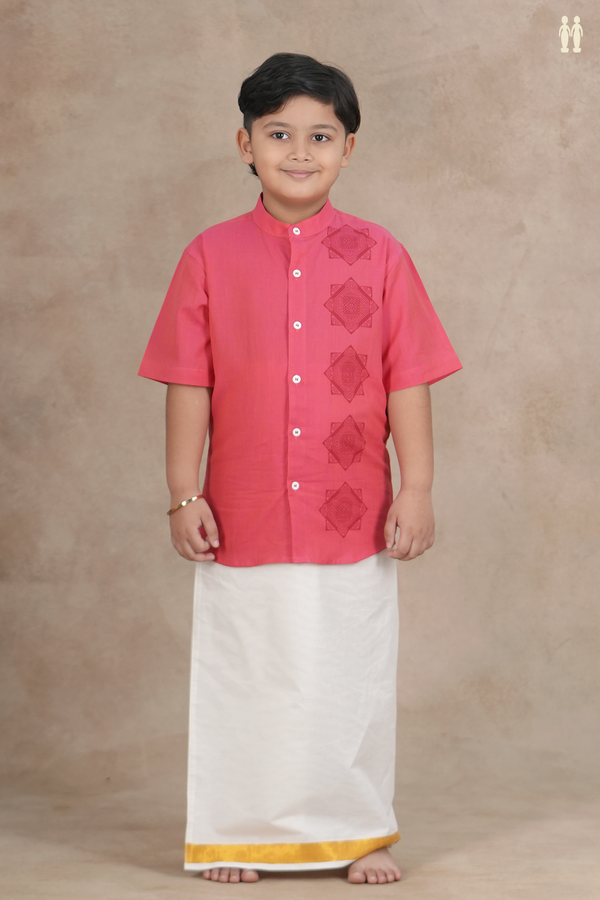 Chinese Collar Diamond Design Pink Cotton Shirt