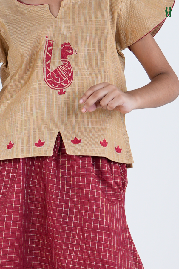 Peacock Design Brown And Red Readymade Pavadai Sattai