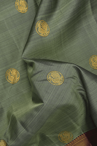 Peacock Zari Buttas Chalet Green Kanchipuram Silk Saree
