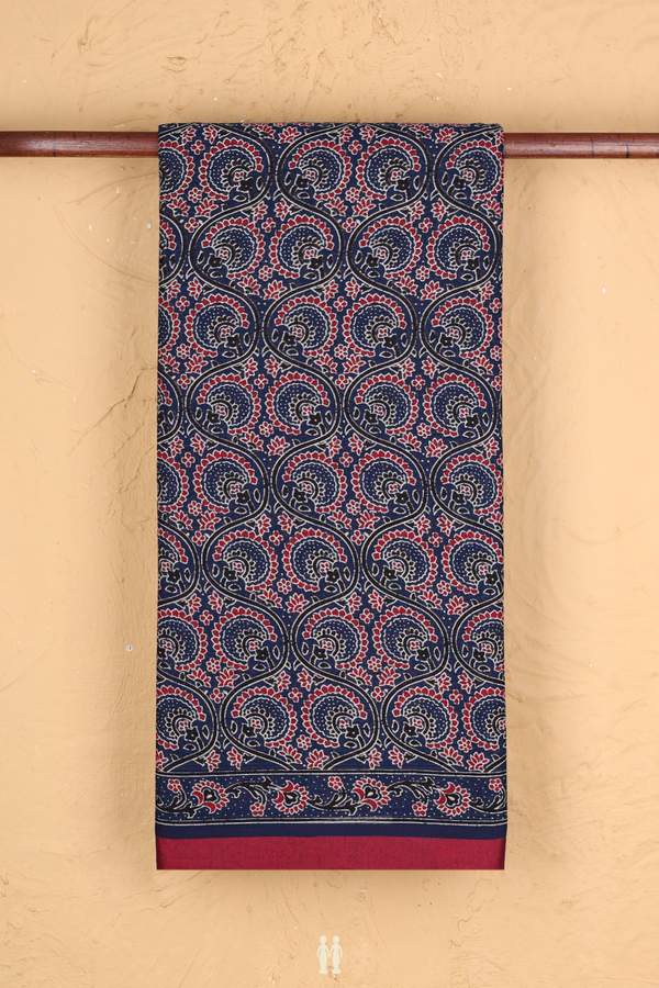 Printed Cotton Saree In Oxford Blue With Floral Design