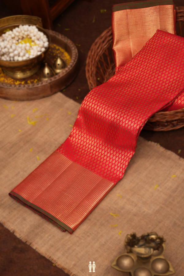Kanchipuram Silk Saree In Scarlet Red With Thilagam Buttis