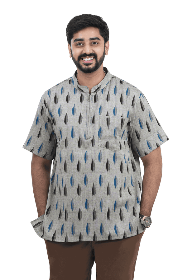 Chinese Collar Ikat Design Grey Cotton Short Kurta