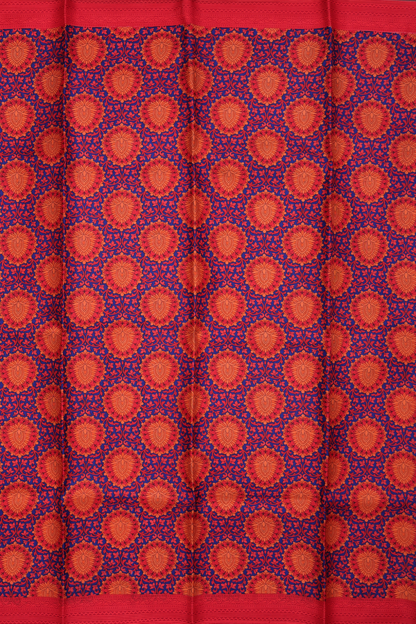 Printed Silk Saree In Royal Blue With Floral Design