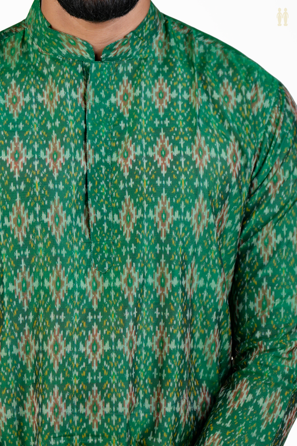 Chinese Collar Printed Design Green Silk Cotton Long Kurta