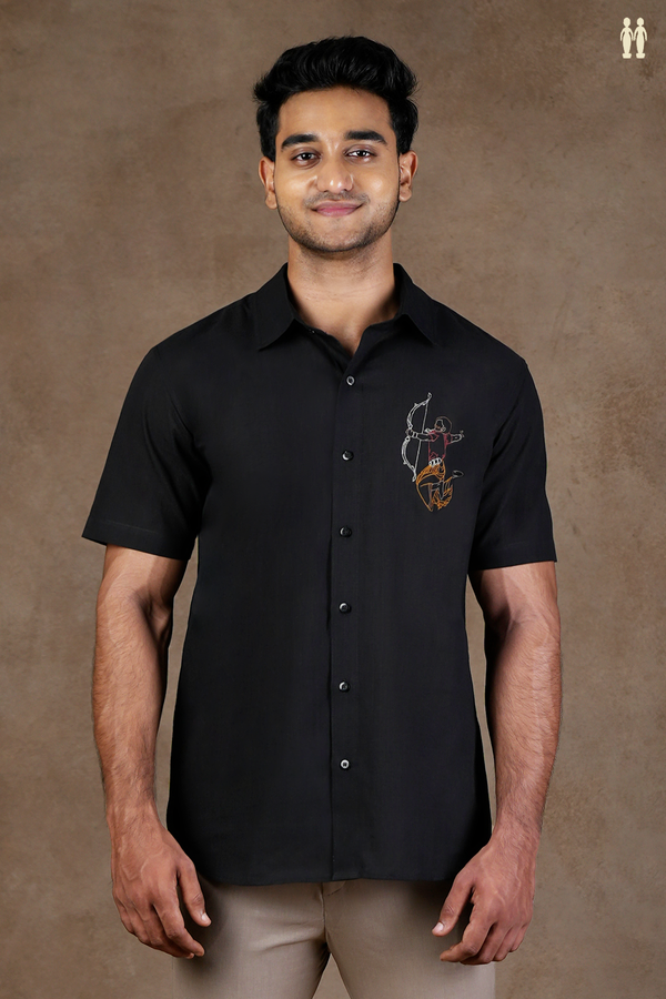 Regular Collar Embroidered Design Black Cotton Shirt