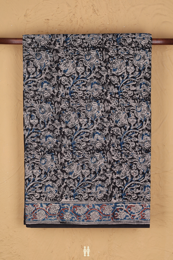 Kalamkari Cotton Saree In Black With Floral Design