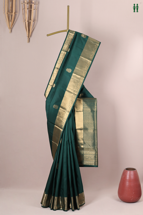 Kanchipuram Silk Saree In Forest Green With Peacock Buttas